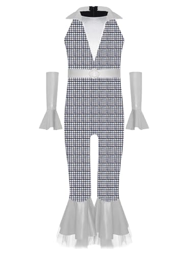 Agoky Mädchen Metallic Jumpsuit Neckholder Overall mit Lange Hose und Schlag + Glänzend Lange Handschuhe Retro Einteiler Disco Tanz Outfits Silber 170 von Agoky