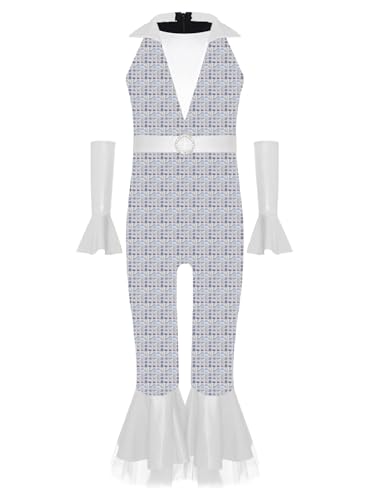 Agoky Mädchen Metallic Jumpsuit Neckholder Overall mit Lange Hose und Schlag + Glänzend Lange Handschuhe Retro Einteiler Disco Tanz Outfits Weiß 134-140 von Agoky