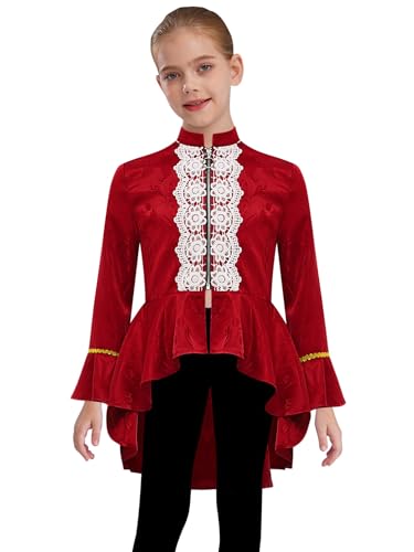 Agoky Mädchen Mittelalterlich Renaissance Kostüm Langarm Gehrock Stehkragen Anzugjacke Lace Saum Blazer Viktorianische Piratin Gothic Steampunk Uniformen Burgundy 110-116 von Agoky