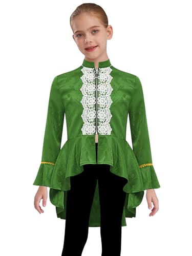 Agoky Mädchen Mittelalterlich Renaissance Kostüm Langarm Gehrock Stehkragen Anzugjacke Lace Saum Blazer Viktorianische Piratin Gothic Steampunk Uniformen Grün 134-140 von Agoky
