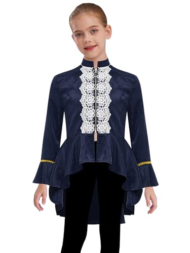 Agoky Mädchen Mittelalterlich Renaissance Kostüm Langarm Gehrock Stehkragen Anzugjacke Lace Saum Blazer Viktorianische Piratin Gothic Steampunk Uniformen Navy blau 146-152 von Agoky