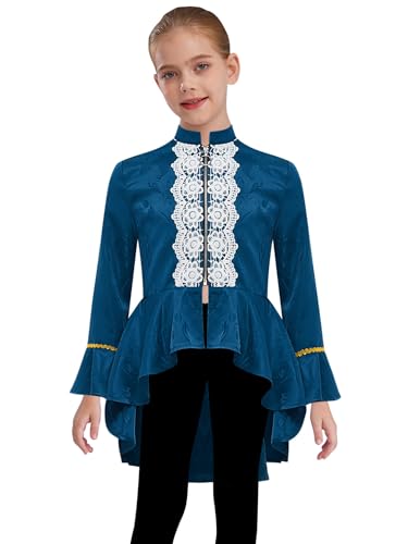 Agoky Mädchen Mittelalterlich Renaissance Kostüm Langarm Gehrock Stehkragen Anzugjacke Lace Saum Blazer Viktorianische Piratin Gothic Steampunk Uniformen Pfauenblau 146-152 von Agoky