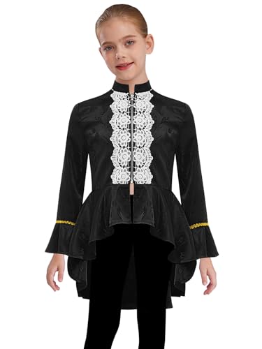 Agoky Mädchen Mittelalterlich Renaissance Kostüm Langarm Gehrock Stehkragen Anzugjacke Lace Saum Blazer Viktorianische Piratin Gothic Steampunk Uniformen Schwarz 98-104 von Agoky
