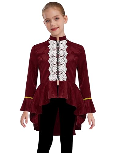 Agoky Mädchen Mittelalterlich Renaissance Kostüm Langarm Gehrock Stehkragen Anzugjacke Lace Saum Blazer Viktorianische Piratin Gothic Steampunk Uniformen Ziegelrot 98-104 von Agoky