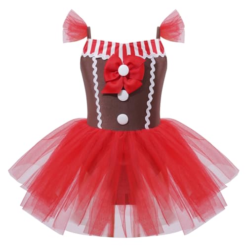 Agoky Mädchen Weihnachten Lebkuchenmann Kostüm Weihnachten Miss Santa Tanzkleid Ärmelloses Ballettkleid mit Tutu Rock Kinder Xmas Outfit Rot 158-164 von Agoky