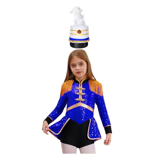 Agoky Mädchen Zirkus Kostüm Langarm Pailletten Kleid Ringmaster Uniform mit Royal Soldatin Hut Metallic Tanzkleid Halloween Cosplay Outfits Königsblau B 170 von Agoky