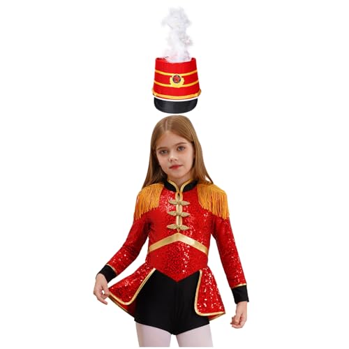 Agoky Mädchen Zirkus Kostüm Langarm Pailletten Kleid Ringmaster Uniform mit Royal Soldatin Hut Metallic Tanzkleid Halloween Cosplay Outfits Rot B 170 von Agoky