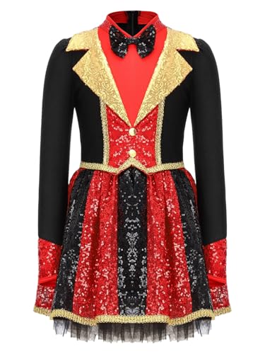 Agoky Mädchen Zirkusdirektor Kostüm Langarm Pailletten Kleid Zirkus Partykleid Kinder Anzug Jacke mit Faltenrock Militärische Uniform Fasching Outfits von Agoky