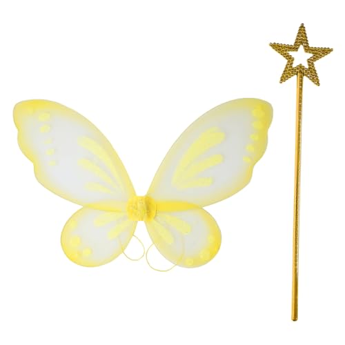 Agoky Schimmernde Flügel mit Sternenstäben Schmetterlingsflügel Kostüm - Mädchen Pretend Play und Party Requisiten Gelbes Gold One Size von Agoky