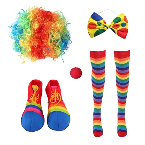 Agoky Unisex Clown Cosplay Kostüm Set lockige Perücke Clown Hut Schaumstoff Clownnnase Bunte Fliege Krawatte Handschuhe Cosplay Zirkus Fasching Karneval 5 Stück A S von Agoky