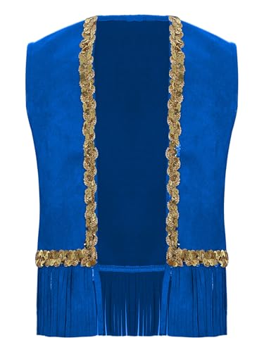 Agoky Unisex Kinder Cowboy Kostüm Western Weste Pailletten Saum Gilet mit Fransen Halloween Fasching Karneval Motto Party Outfits Königsblau 158-164 von Agoky