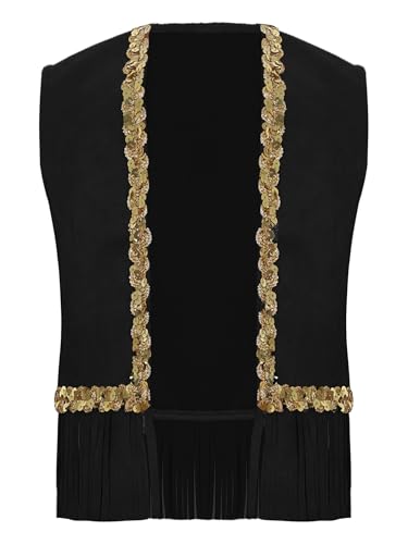 Agoky Unisex Kinder Cowboy Kostüm Western Weste Pailletten Saum Gilet mit Fransen Halloween Fasching Karneval Motto Party Outfits Schwarz 146-152 von Agoky