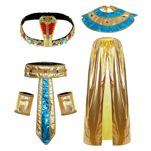 Agoky Unisex König Kleopatra Kostüm Set Ägypter Pharao Königin Halskragen Mantel Taillengürtel Armbänder Kit Cosplay Halloween Party Kostüm Requisiten Typ B One Size von Agoky