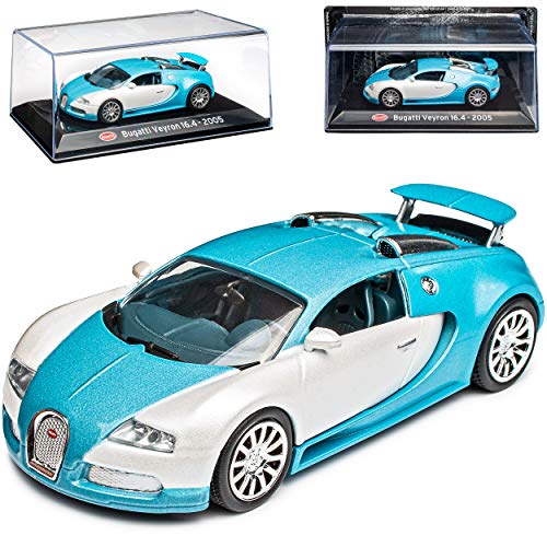 Bugatti Veyron 16.4 Coupe Blau mit Weiss 2005-2015 mit Sockel und Vitrine 1/43 Ixo Modell Auto mit individiuellem Wunschkennzeichen von Agostini