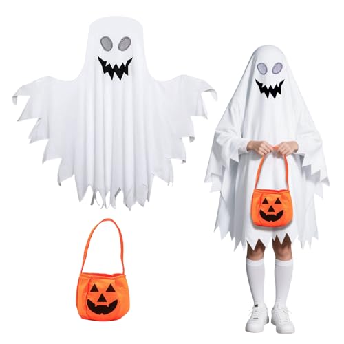 Agvdg Halloween-Geistergesichtskostüme mit Kürbisbeutel, weißes Geister-Kostüm, Geistergesichtskostüm, Kinder, gruseliger Umhang für Süßes oder Saures von Agvdg