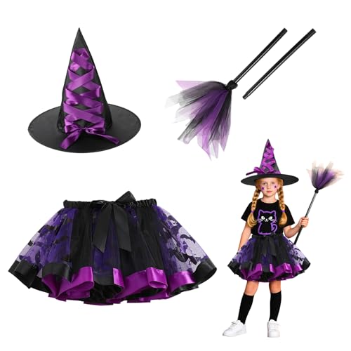 Agvdg Hexenkostüm für Mädchen, Kinder, Halloween, Hexenhut, Besen, Kinderrock, Mädchen-Outfit, ausgefallener Tutu-Rock, Cosplay (lila) von Agvdg