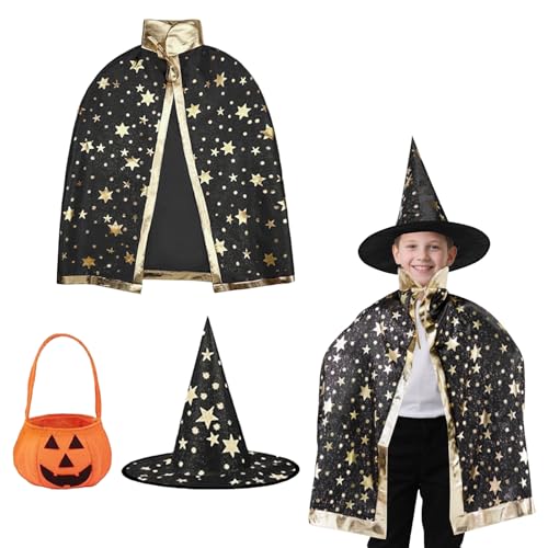 Agvdg Zauberer-Umhang für Kinder, Hexenumhang mit Hut, Sternmuster, Kürbis-Süßigkeitentasche, schwarzes Halloween-Kostüm für Jungen, Mädchen, Cosplay, Rollenspiele Agvdg Zauberer-Umhang für Kinder, Hexenumhang mit Hut, Sternmuster, Kürbis-Süßigkeitentasche, schwarzes Halloween-Kostüm für Jungen, Mädchen, Cosplay, Rollenspiele von Agvdg