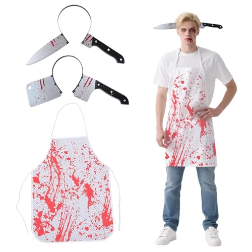 Metzger-Kostüm, Halloween-Kostüm für Herren und Erwachsene, blutige Schürze, blutiges Kunststoff-Messer-Haarband, gruseliges Halloween-Messer-Haarband, gruselige Kostüme von Agvdg