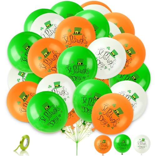 AhfuLife 32 Stück St. Patrick's Day Dekorationen, Luftballons, 30,5 cm, große irische Themenballons für Zuhause, orangefarbene, grüne und weiße Latexballons mit 1 Rolle Bändern für St. Patrick's Day von AhfuLife