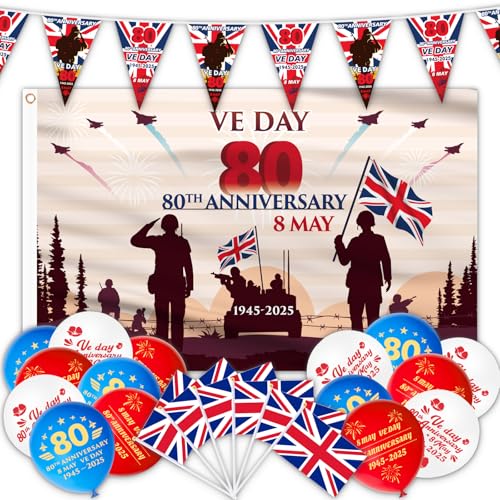 AhfuLife 47-teiliges VE-Flaggen-Set für 80. Jahrestag 2025 Dekorationen, 80 Jahre VE-Tag-Flagge und Wimpelkette, 15 Ve-Day-Ballons, 15 Stück Union Jack-Flagge auf Stäben für 80 Jahre Ve Day von AhfuLife