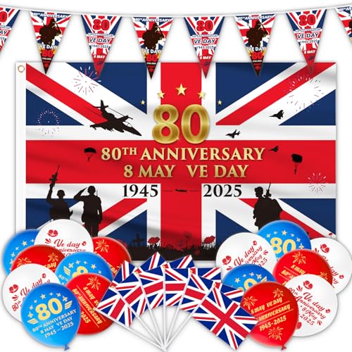 AhfuLife 47-teiliges VE-Flaggen-Set für 80. Jahrestag 2025 Dekorationen, 80 Jahre VE-Tag-Flagge und Wimpelkette, 15 Ve-Day-Ballons, 15 Stück Union Jack-Flagge auf Stäben für 80 Jahre Ve Day AhfuLife 47-teiliges VE-Flaggen-Set für 80. Jahrestag 2025 Dekorationen, 80 Jahre VE-Tag-Flagge und Wimpelkette, 15 Ve-Day-Ballons, 15 Stück Union Jack-Flagge auf Stäben für 80 Jahre Ve Day von AhfuLife