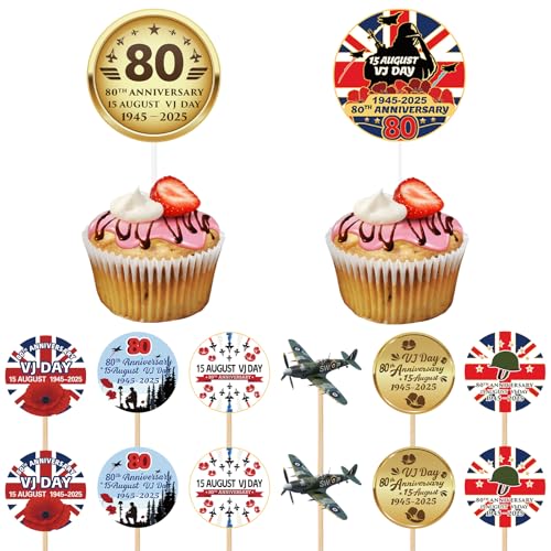 AhfuLife Tortenaufsätze zum 80. Hochzeitstag, 14 Stück, Motiv: Sieges-Gedenken, WW2, Cupcake-Topper, Sandwich, Essen, Geschirr, Partyzubehör, Dekorationen (14 Stück) von AhfuLife