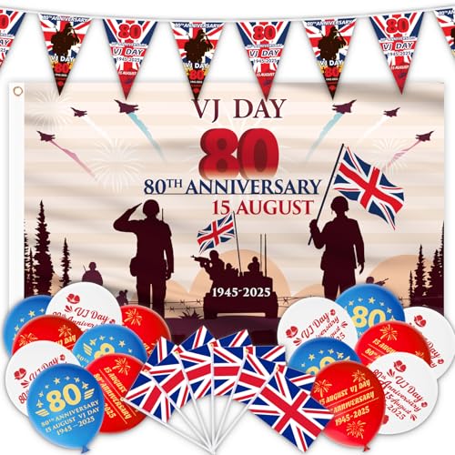 AhfuLife VJ Day 80th Anniversary Flag Bunting Decorations Set, 80 Years VJ Day 80th Anniversary Flag and Wimpelkette, 15 Stück VJ Day Luftballons, 15 Stück Union Jack Flagge auf Stäben für 80 Jahre VJ von AhfuLife