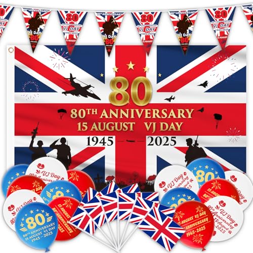 AhfuLife VJ Day 80th Anniversary Flag Bunting Decorations Set, 80 Years VJ Day 80th Anniversary Flag and Wimpelkette, 15 Stück VJ Day Luftballons, 15 Stück Union Jack Flagge auf Stäben für 80 Jahre VJ von AhfuLife
