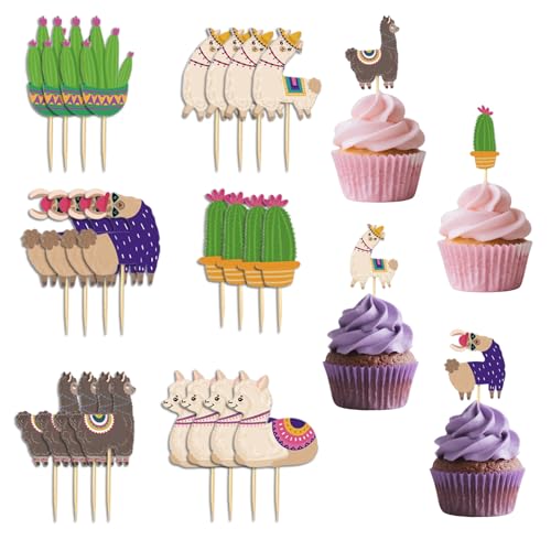 24 Stück Alpaka Lama Kaktus Cupcake Dekoration, Kindergeburtstagskuchen Dekoration Tiermotiv Tortenaufleger Tortendeko Geburtstag für Party Backen Babyparty Tischdekoration von AhhiAboo