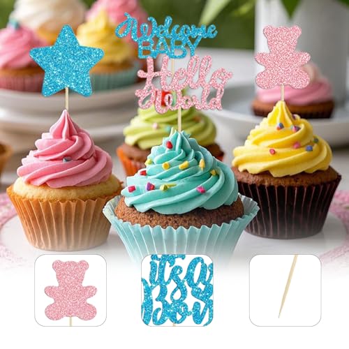 AhhiAboo 24 Stück Geburtstagstorten Einsatz Cupcake Dekorationen - Blau Rosa Geburtstag Cupcake Toppers Kuchen Glitter Einfügen - Mond Bär Baby Dusche Kuchen Topper Dekorationen für Jungen und Mädchen von AhhiAboo