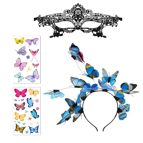 AhhiAboo 3 Stück Schmetterlingsmotiv Kostüm Zubehör Frauen - Buntes Schmetterling Stirnband Damen mit Spitze Maske und Tattoo Aufkleber - Festival Haar Zubehör für Hochzeit Kostüm Party (Blau) von AhhiAboo