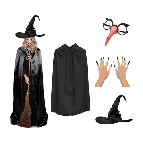 AhhiAboo 4 Stück Hexenkostüm - Hexenzubehör mit Hexenhut, Schwarzem Kapuzenmantel, Falschem Nagel und Brille - Halloween und Faschingskostüme für Erwachsene AhhiAboo 4 Stück Hexenkostüm - Hexenzubehör mit Hexenhut, Schwarzem Kapuzenmantel, Falschem Nagel und Brille - Halloween und Faschingskostüme für Erwachsene von AhhiAboo