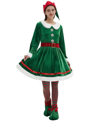 Weihnachtselfenkostüm für Erwachsene, Weihnachtsmann-Kostüm, Kleid, Outfit, Dame Miss, Grün , 3XL von Ahititi