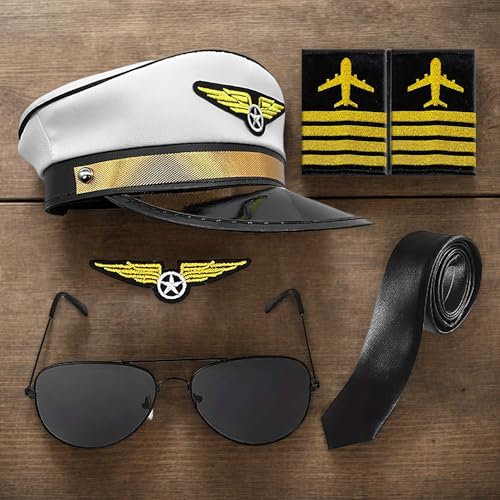 Ahuuen 5pieces Pilot Kostüm Set | Captain Rollen -Outfit | Captain Hat Sonnenbrille Kostüm | Mit Krawattenarmband | Für Erwachsene Teenager Cosplay Dress up Party Ahuuen 5pieces Pilot Kostüm Set | Captain Rollen -Outfit | Captain Hat Sonnenbrille Kostüm | Mit Krawattenarmband | Für Erwachsene Teenager Cosplay Dress up Party von Ahuuen