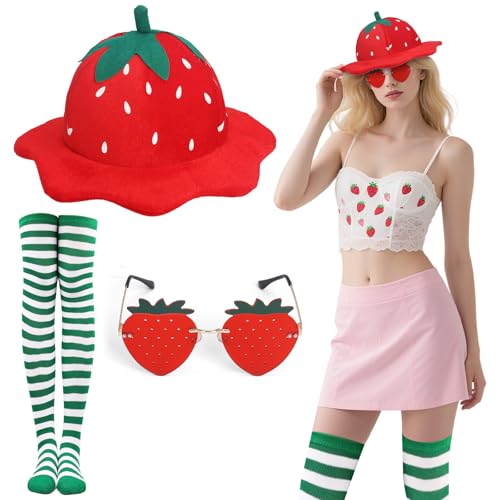 Ahzemepinyo 3-teiliges Erdbeer-Kostüm-Zubehör, einschließlich süßem Beerenhut, grün gestreiften Strümpfen und Erdbeerförmige Sonnenbrille für Halloween, Party, Cosplay, Ahzemepinyo 3-teiliges Erdbeer-Kostüm-Zubehör, einschließlich süßem Beerenhut, grün gestreiften Strümpfen und Erdbeerförmige Sonnenbrille für Halloween, Party, Cosplay, von Ahzemepinyo
