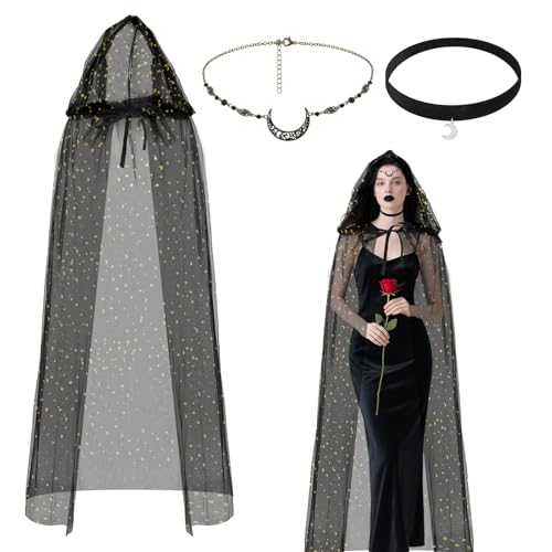 Ahzemepinyo 3-teiliges Halloween-Kostüm-Set mit schwarzem Tüll, Mond, Stern, Hexe, Kapuzenumhang, Mond, Kopfkette, Mond-Halskette für Halloween, Damen Ahzemepinyo 3-teiliges Halloween-Kostüm-Set mit schwarzem Tüll, Mond, Stern, Hexe, Kapuzenumhang, Mond, Kopfkette, Mond-Halskette für Halloween, Damen von Ahzemepinyo