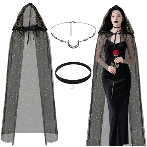Ahzemepinyo 3-teiliges Halloween-Kostüm-Set mit schwarzem Tüll, Mond, Stern, Hexe, Kapuzenumhang, Mond, Kopfkette, Mond-Halskette für Halloween, Damen von Ahzemepinyo