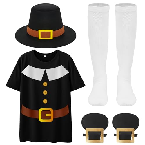Ahzemepinyo 4-teiliges Pilger-Kostüm-Set mit Pilgermütze, Hemd, Schuhüberzieher und Socken für Herren, Thanksgiving-Kostüm-Zubehör von Ahzemepinyo