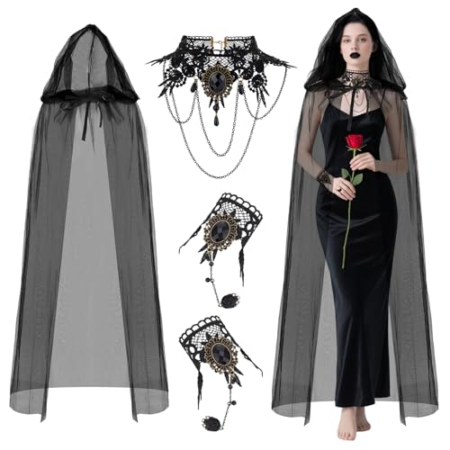 Ahzemepinyo Halloween-Kostüm-Set mit Kapuze, langer Hexenumhang, schwarzer Choker, Spitzen-Halskette mit Armbändern, für Halloween, Damen, 4-teiliges Set Ahzemepinyo Halloween-Kostüm-Set mit Kapuze, langer Hexenumhang, schwarzer Choker, Spitzen-Halskette mit Armbändern, für Halloween, Damen, 4-teiliges Set von Ahzemepinyo