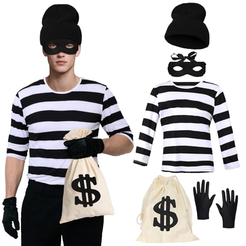 AiMiAO Räuber Kostüm Set Schwarz und Weiß Gestreiftes T-Shirt Herren Einbrecher Set Halloween Cosplay Dieb Zubehör für Erwachsene, Weiss/opulenter Garten, XXL AiMiAO Räuber Kostüm Set Schwarz und Weiß Gestreiftes T-Shirt Herren Einbrecher Set Halloween Cosplay Dieb Zubehör für Erwachsene, Weiss/opulenter Garten, XXL von AiMiAO