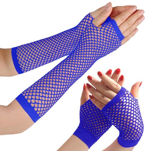 Netzhandschuhe,Fingerlose Netzhandschuhe, Karneval Kostüm Damen Elastische Neon Beinstulpen und Netzhandschuhe Set , 80er-Jahre-Partykostüm, Hochzeitsabend, Party-Accessoires (Saphir) von AiQiMinHao