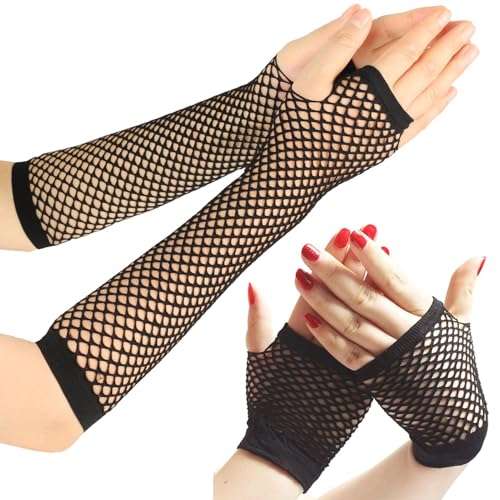 Netzhandschuhe,Fingerlose Netzhandschuhe, Karneval Kostüm Damen Elastische Neon Beinstulpen und Netzhandschuhe Set , 80er-Jahre-Partykostüm, Hochzeitsabend, Party-Accessoires (Schwarz) von AiQiMinHao