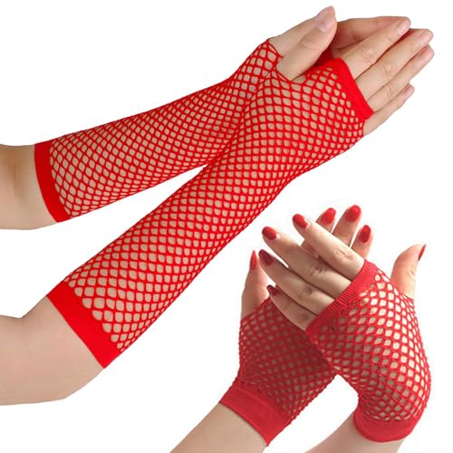 Netzhandschuhe,Fingerlose Netzhandschuhe, Karneval Kostüm Damen Elastische Neon Beinstulpen und Netzhandschuhe Set , 80er-Jahre-Partykostüm, Hochzeitsabend, Party-Accessoires (Rot) von AiQiMinHao