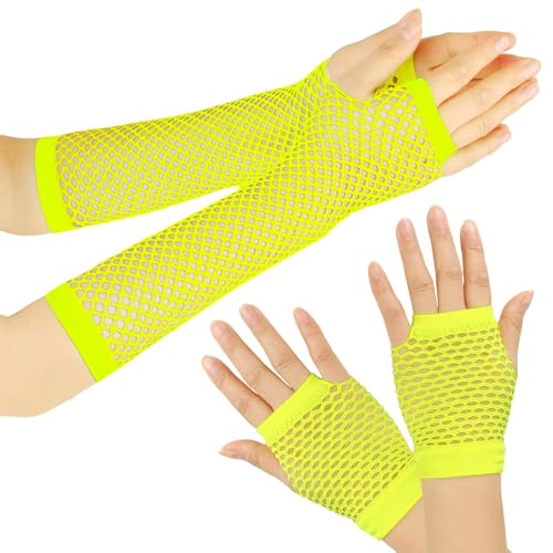 Netzhandschuhe,Fingerlose Netzhandschuhe, Karneval Kostüm Damen Elastische Neon Beinstulpen und Netzhandschuhe Set , 80er-Jahre-Partykostüm, Hochzeitsabend, Party-Accessoires (Silber Gelb) von AiQiMinHao