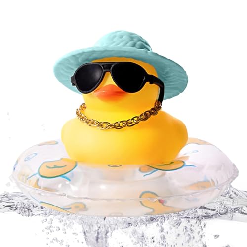 Auto-Gummi-Enten-Dekoration – Auto-Armaturenbrett-Enten-Dekoration | Niedliche Gummi-Enten-Ornamente Mit Mini-Schwimmring, Sonnenhut-Halskette Und Sonnenbrille Für Die Dekoration des Armaturenbretts von Aibyks