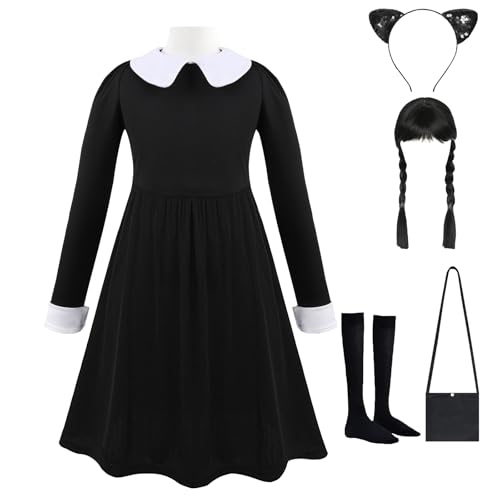 Aicerous Mittwoch Kostüm Schwarz Kleid für Mädchen von 5–13 Jahren, Halloween Kostüm schwarz, mit Perücke und Zubehör, für Karneval, Cosplay, Fasching (A, 160) von Aicerous