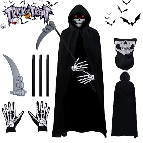 Halloween Sensenmann Kostüm Sensenmann Umhang Set Grim Reaper Kostüm mit Sense Schädelmaske Handschuhen, Halloween Kostüm für Adult/Kind Unisex, für Cosplay Karneval Maskerade (Style A for adult) Halloween Sensenmann Kostüm Sensenmann Umhang Set Grim Reaper Kostüm mit Sense Schädelmaske Handschuhen, Halloween Kostüm für Adult/Kind Unisex, für Cosplay Karneval Maskerade (Style A for adult) von Aicerous