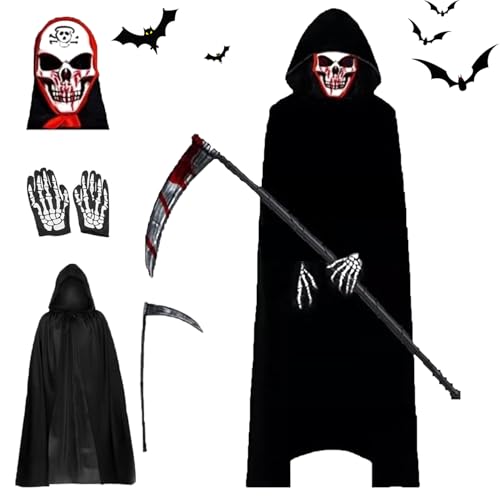 Halloween Sensenmann Kostüm Sensenmann Umhang Set Grim Reaper Kostüm mit Sense Schädelmaske Handschuhen, Halloween Kostüm für Adult/Kind Unisex, für Cosplay Karneval Maskerade (Style C for kind) Halloween Sensenmann Kostüm Sensenmann Umhang Set Grim Reaper Kostüm mit Sense Schädelmaske Handschuhen, Halloween Kostüm für Adult/Kind Unisex, für Cosplay Karneval Maskerade (Style C for kind) von Aicerous