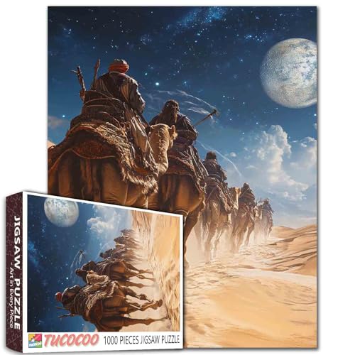 1000 Teile Tribal King Caravan Puzzle Sternkarte Kamelfell & Salz Kristall Dünen 27 x 20 Nomadische Kunst Puzzle (50 × 70 cm) Herausfordernde Familienaktivitätsspiele für Heimdekoration Geschenke von Aihonmin