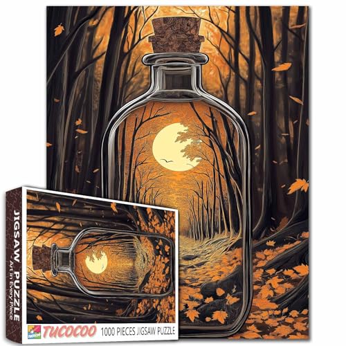 1000-teiliges Puzzle "Enchanted Moonlit Forest", goldene Bäume, Halbmond-Stopper, Nachtszene, Erwachsenen-Puzzle, 68 x 50 cm von Aihonmin